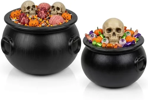 Vista 9 de PMU 2 piezas de caldero de Halloween – 10 pulgadas, 8 pulgadas, cuenco de caldero de plástico de bruja negro, para decoración de Halloween