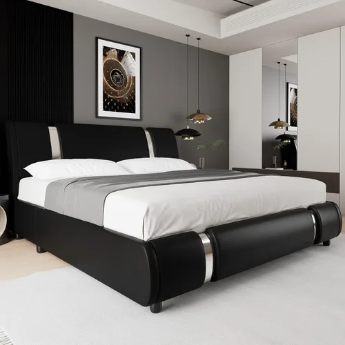 Vista 11 de TTVIEW Moderna base de cama tapizada de piel sintética con decoración de metal de hierro dorado, cabecera curvada ajustable, soporte de listones