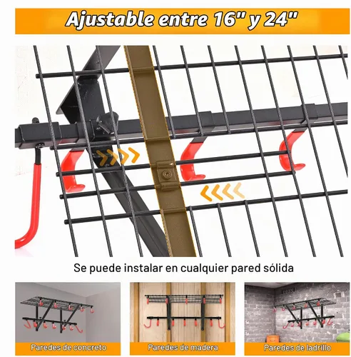Vista 4 de PLKOW Estantería de pared de garaje, paquete de 4 unidades, incluye ganchos para bicicleta, estante de garaje ajustable y resistente organizador