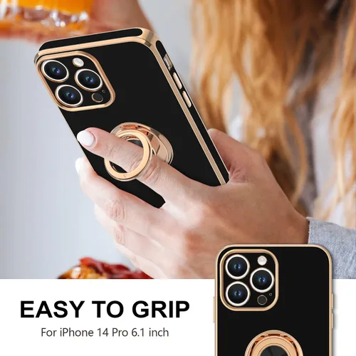 Vista 2 de Hython - Funda para iPhone 14 Pro con soporte de anillo [soporte magnético de anillo giratorio de 360°] [soporte para montaje en coche] Borde dorado