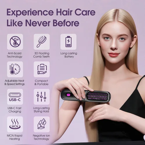 Vista 3 de Cepillo alisador de cabello - Cepillo alisador de pelo inalámbrico mejorado para viajes, peine alisador en caliente portátil para mujeres