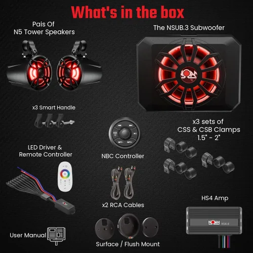 Vista 2 de NOAM NUTV5-S V.2 - Kit de sistema estéreo marino ATV/carrito de golf/UTV - con 2 altavoces de torre de luz LED impermeables, subwoofer, controlador