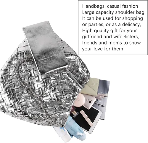 Vista 9 de Bolso de mano tejido para mujer, bolso de mano de cuero vegano, bolsos grandes con bolso, bolsa de hombro, estilo hobo casual