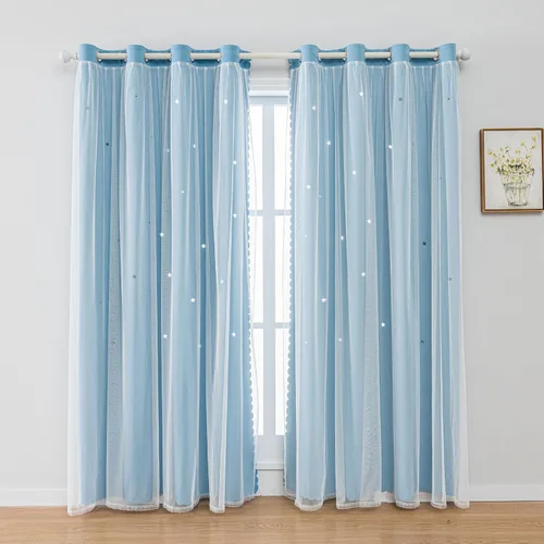 Vista 10 de FANLI 2 paneles de cortinas opacas de estrellas para dormitorio de niñas, sala de estar, rayas oscurecedoras, doble capa, estrellas caladas