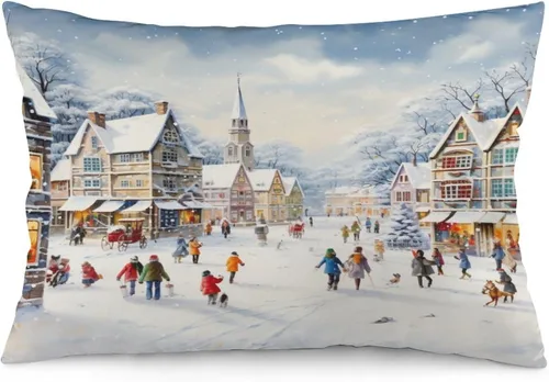 Vista 23 de Funda de almohada con escena de pueblo navideño con niños, fundas de almohada de 12 x 20 pulgadas, almohadas decorativas de Navidad para sofá, funda