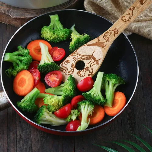 Vista 6 de Beauty and the Beast Juego de cucharas de madera quemadas para cocinar y servir, cuchara de bambú ranurada, utensilios de cocina, idea de regalo