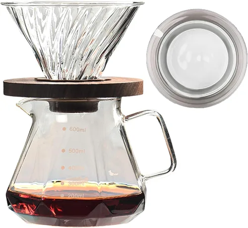 Vista 7 de Gotero de café de vidrio/filtro, cono de café de vidrio con soporte de bambú, accesorios de embudo para cafetera de goteo para el hogar u oficina