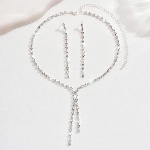 Vista 3 de Unicra Conjuntos de joyas de plata para baile de graduación, collar y aretes de diamantes de imitación, joyería nupcial de boda para mujeres y novias