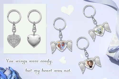 Vista 3 de Jovivi Llavero personalizado con medallón de alas de ángel con foto de corazón para mujer, doble cara, imagen y texto personalizados, accesorios