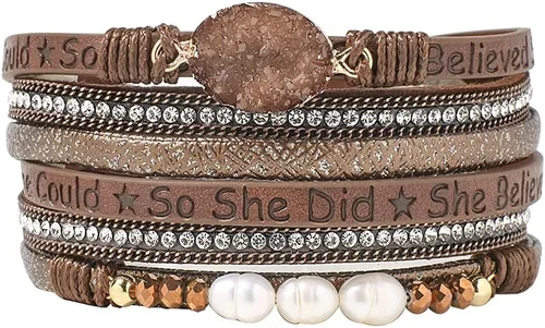 Vista 20 de Artilady Leather Wrap Bracelet for Women, Pearl Beaded Bangle Stack Jewelry Negro