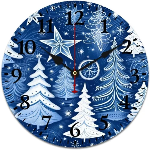 Vista 10 de Reloj de madera con árboles de Navidad y copos de nieve, reloj de pared redondo azul para interiores, funciona con pilas, silencioso, sin ruido