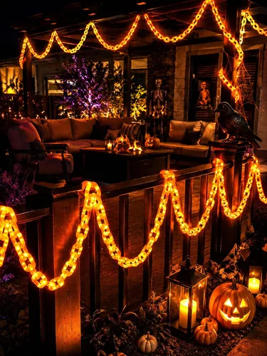 Vista 8 de Cadena de luces de Halloween con batería de 10 pies, 160 LED, color naranja