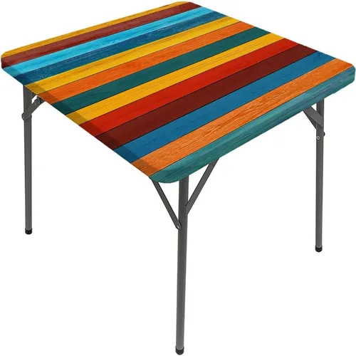 Vista 29 de Mesa cuadrada de tablones de madera, impresión de textura de tablones de madera, borde elástico, adecuada para catering y cocina, apta para mesa
