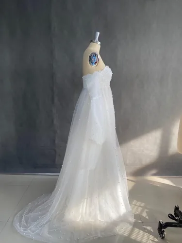 Vista 8 de SUOLUOS Vestidos de maternidad de tul perlado para sesión de fotos, hombros descubiertos, lencería nupcial, vestidos de embarazo para baby shower