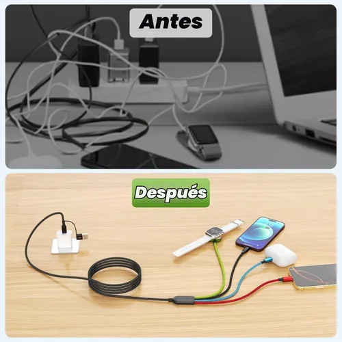 Vista 5 de Travel Essentials - Cargador de Apple Watch, cable de carga múltiple 4 en 2 con doble tipo C, cargador de viaje USB A/C para múltiples dispositivos