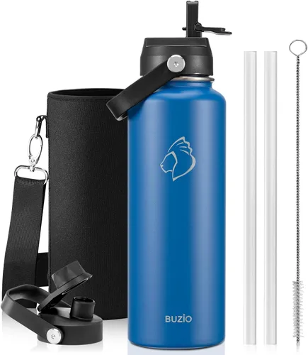Vista 113 de BUZIO Botella de agua aislada de 24 oz, frasco de agua de boca ancha de acero inoxidable con tapa de pajita, frío durante 48 horas a prueba de Negro