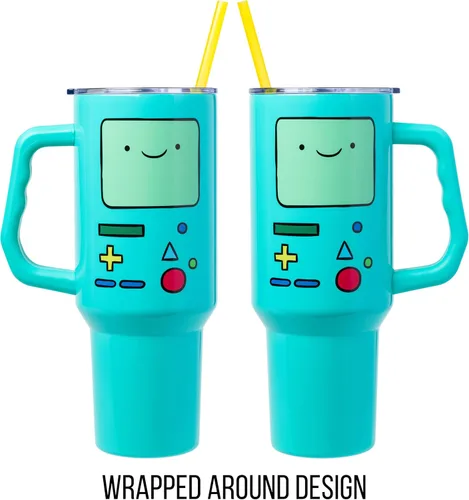 Vista 5 de Silver Buffalo Adventure Time With BMO - Vaso de acero inoxidable de doble pared con asa y pajilla, cabe en portavasos estándar, 40 onzas