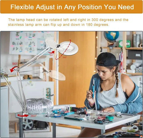 Vista 4 de 10 lupas con luz y soporte, lámpara de escritorio con luz LED regulable con abrazadera, lupa manos libres, brazo de acero inoxidable ajustable