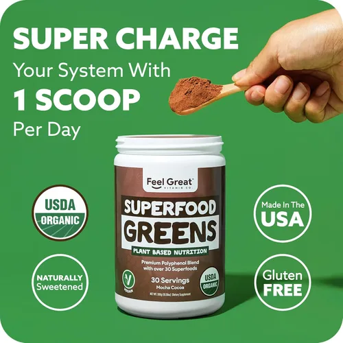 Vista 6 de USDA Organic Super Greens - Mezcla de jugo y polvo - Sabor a chocolate moca - Probióticos y enzimas digestivas para apoyar la salud intestinal