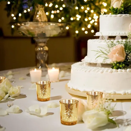 Vista 6 de DEVI Portavelas votivas doradas, 24 unidades, candelabros de cristal de mercurio, centros de mesa de boda dorados para decoración de mesa