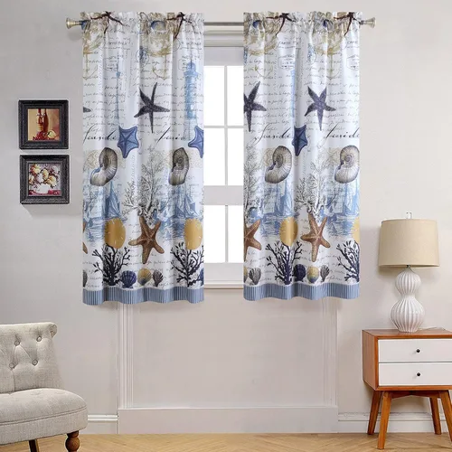 Vista 16 de Juego de 3 cortinas de cocina de tela de poliéster estampada azul aviación océano moderno impermeable blanco, cenefa de 42" de ancho x 12" de largo