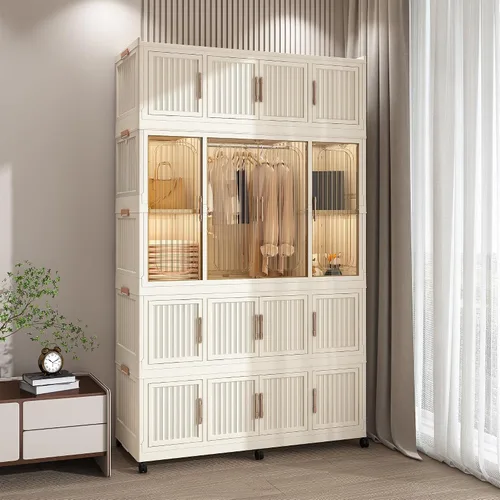 Vista 8 de Organizador portátil de almacenamiento de armario para ropa, organizador de armario plegable de plástico con puerta magnética transparente
