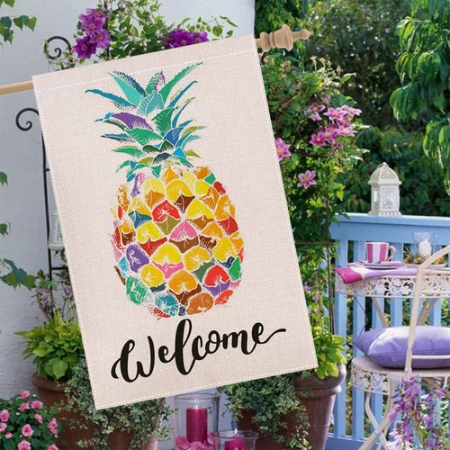 Vista 4 de Bandera de bienvenida con diseño de piña de 28 x 40 pulgadas, para primavera y verano, de doble cara, para decoración de patio de granja de temporada