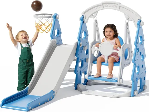 Vista 10 de XJD - Juego de tobogán y columpio 5 en 1 para niños pequeños, tobogán para niños de 1 año en adelante, juego de exterior para niños pequeños con aro