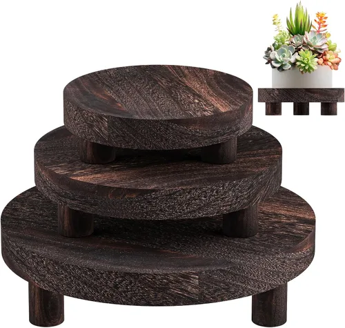 Vista 12 de 3 Piezas Soporte de Madera para Plantas Interior Exterior, Elevador Redondo de Madera para Decoración 6/8/10" Taburete de Madera Soporte