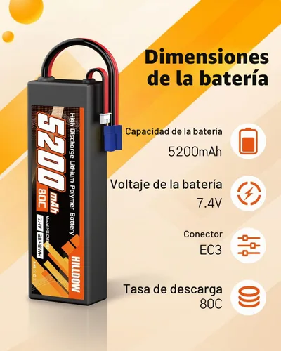 Vista 2 de Hilldow 5200mAh 2S 80C 7.4V Lipo - Estuche rígido con conector EC3 para automóvil, camión, barco, vehículos (2 paquetes)
