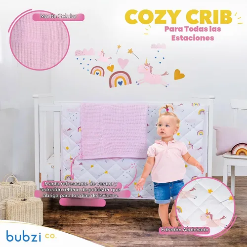 Vista 3 de Bubzi Co Juego de ropa de cama de cuna para niñas, 5 piezas, incluye 2 sábanas para cuna, edredón de algodón, manta de bebé y juego de calcomanías
