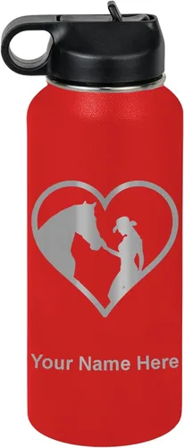 Vista 32 de LaserGram Botella de agua personalizada, corazón de vaquera de caballo, acero inoxidable de doble pared aislada al vacío con popote superior, regalo