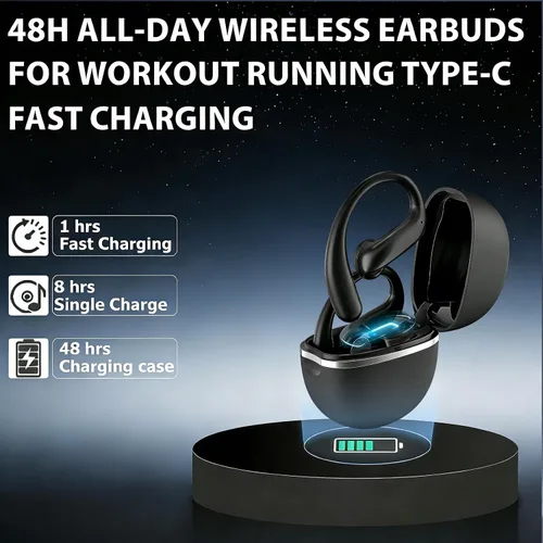 Vista 4 de Auriculares inalámbricos Bluetooth con ganchos, auriculares ENC con cancelación de ruido para deportes, reproducción de 60 horas de llamada clara