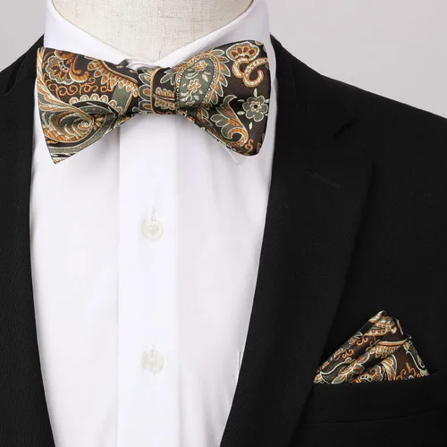 Vista 3 de HISDERN Pajaritas para hombre, corbatín de cachemira para hombre, corbata de lazo y bolsillo cuadrado, juego formal de esmoquin para boda
