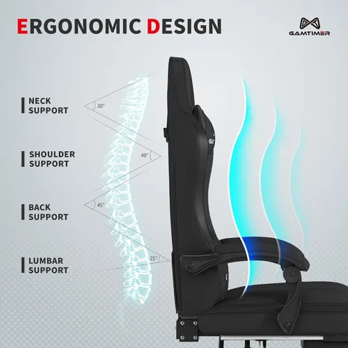 Vista 7 de Gamtimer - Silla de juegos con reposapiés, silla ergonómica para computadora, material transpirable de poliuretano con reposacabezas y soporte