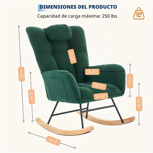 Vista 2 de Mecedora deslizadora tapizada con patas de madera para sala de estar, dormitorio, cuarto de bebé, incluye bolsillos laterales