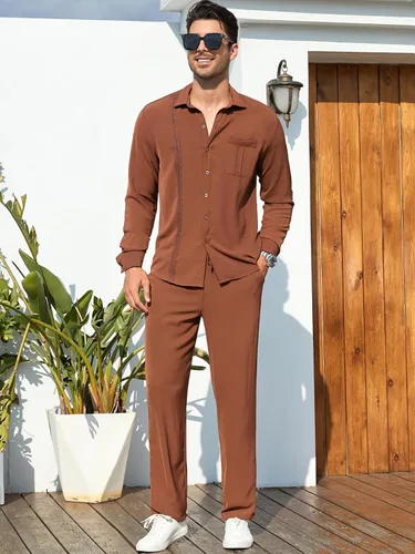 Vista 2 de HANXMEN Conjunto de lino de 2 piezas para hombre, camisa cubana con botones y manga larga, pantalones sueltos casuales, playa, vacaciones, yoga