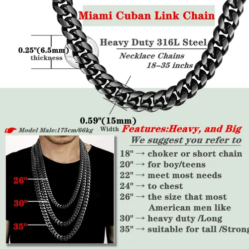 Vista 4 de ROWIN&CO - Cadena para hombre, color negro, pesada, grande, de acero inoxidable 316L, cadena de eslabones cubanos, cadena de joyería de hip hop