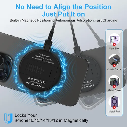 Vista 6 de Cargador inalámbrico de carga rápida, magnético, compatible con iPhone 16E/16 Pro Max/17e/17 Air/17 Pro Max/15/14/13,15 W, estación de soporte