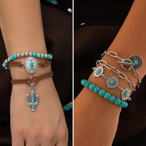 Vista 4 de IFKM Bohemian Jewelry Set With Turquoise Necklace, Dangle Earrings, Stackable Bangle Bracelets, Knuckle Rings For Women Vintage Western Boho