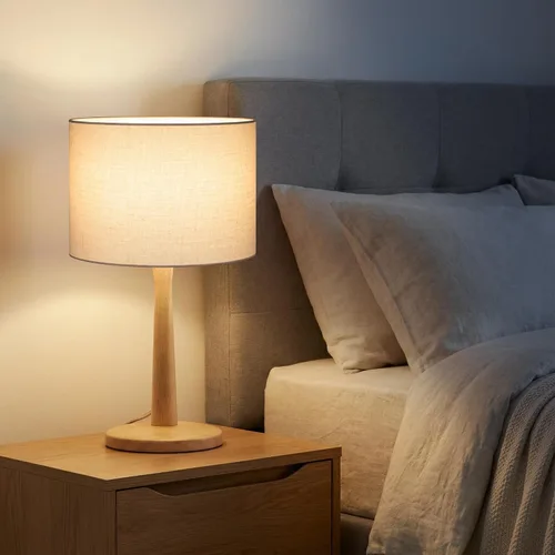 Vista 8 de Lámpara de mesa de madera natural maciza de 16.3 pulgadas con pantalla de tambor de lino para sala de estar, lámpara de mesita de noche regulable