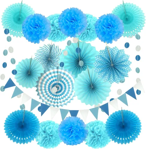 Vista 16 de Zerodeco - Decoración de fiesta, 21 piezas de abanicos de papel, pompones flores, tiras de cuerdas de lunares y banderines triangulares