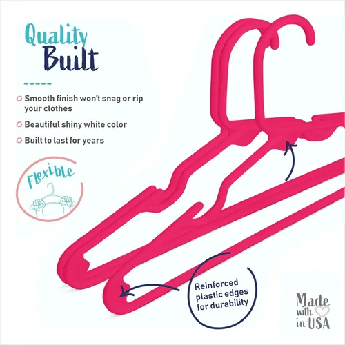 Vista 2 de USA Made 60 perchas infantiles de alta calidad, muy duraderas y resistentes tubulares para niños, paquete económico de 60 unidades, color rosa