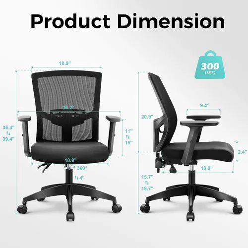 Vista 3 de ALPHA HOME Silla de oficina ergonómica, silla de computadora de malla con respaldo medio con soporte lumbar, taburete ejecutivo con reposabrazos