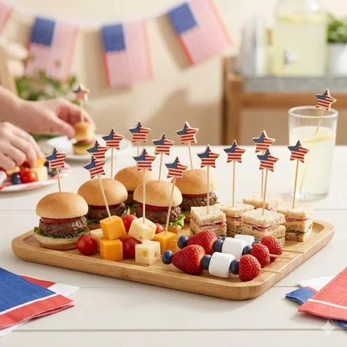 Vista 4 de 300 púas de cóctel de bandera estadounidense, brochetas de bambú de estrella de 4.7 pulgadas para aperitivos de frutas, suministros de fiesta