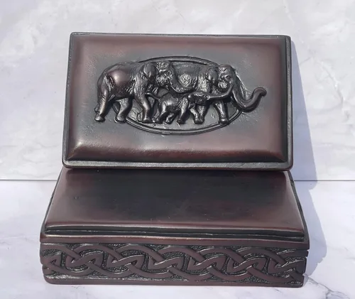 Vista 3 de Caja de abalorios de elefante con tapa para recuerdos de joyería, decoración familiar de elefantes Feng Shui, escultura de resina marrón de 6