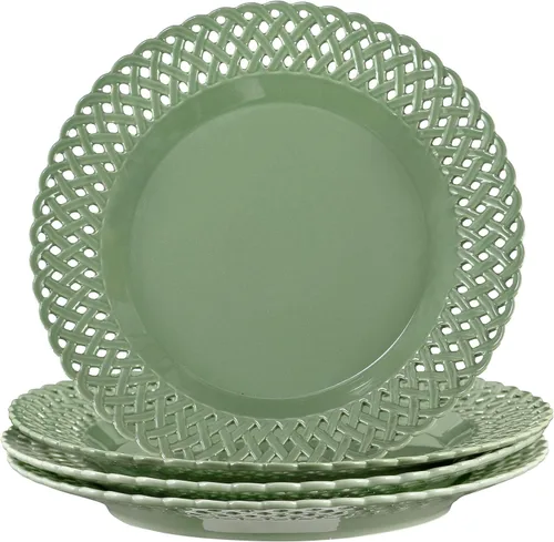 Vista 10 de Juego de 4 platos de cena de 10 pulgadas con borde de encaje, nuevos platos redondos de porcelana color hueso con diseño único de ahuecamiento