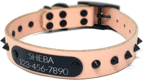 Vista 14 de Personalized Spiked Bridle Leather Dog Collar, Engraved Matte Black Metal Nameplate (Mustard Yellow)