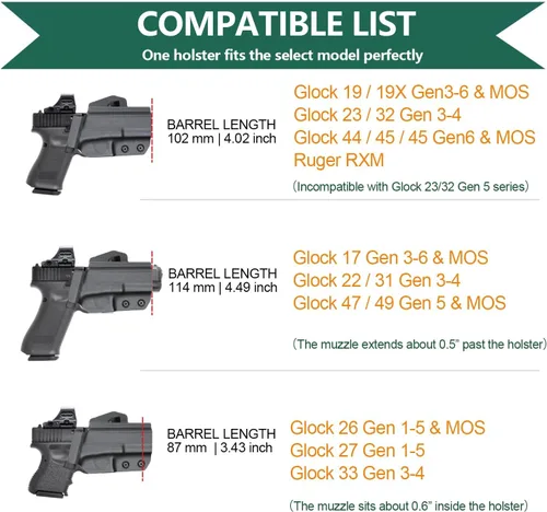 Vista 2 de WARRIORLAND Funda OWB Kydex con corte óptico, ajuste seleccionado para Glock 17/19/19X/43/43X MOS, sin riel 1911, Hellcat/Hellcat Pro, Taurus