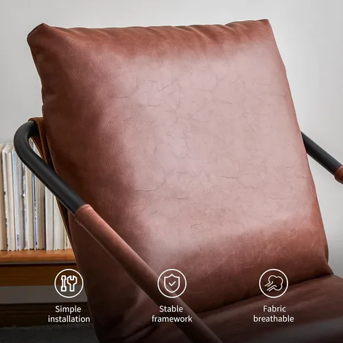 Vista 5 de Sillón cómodo para sala de estar de 27.56 pulgadas de ancho, sillón de estilo vintage, con cojín de cuero marrón profundo y marco de metal.